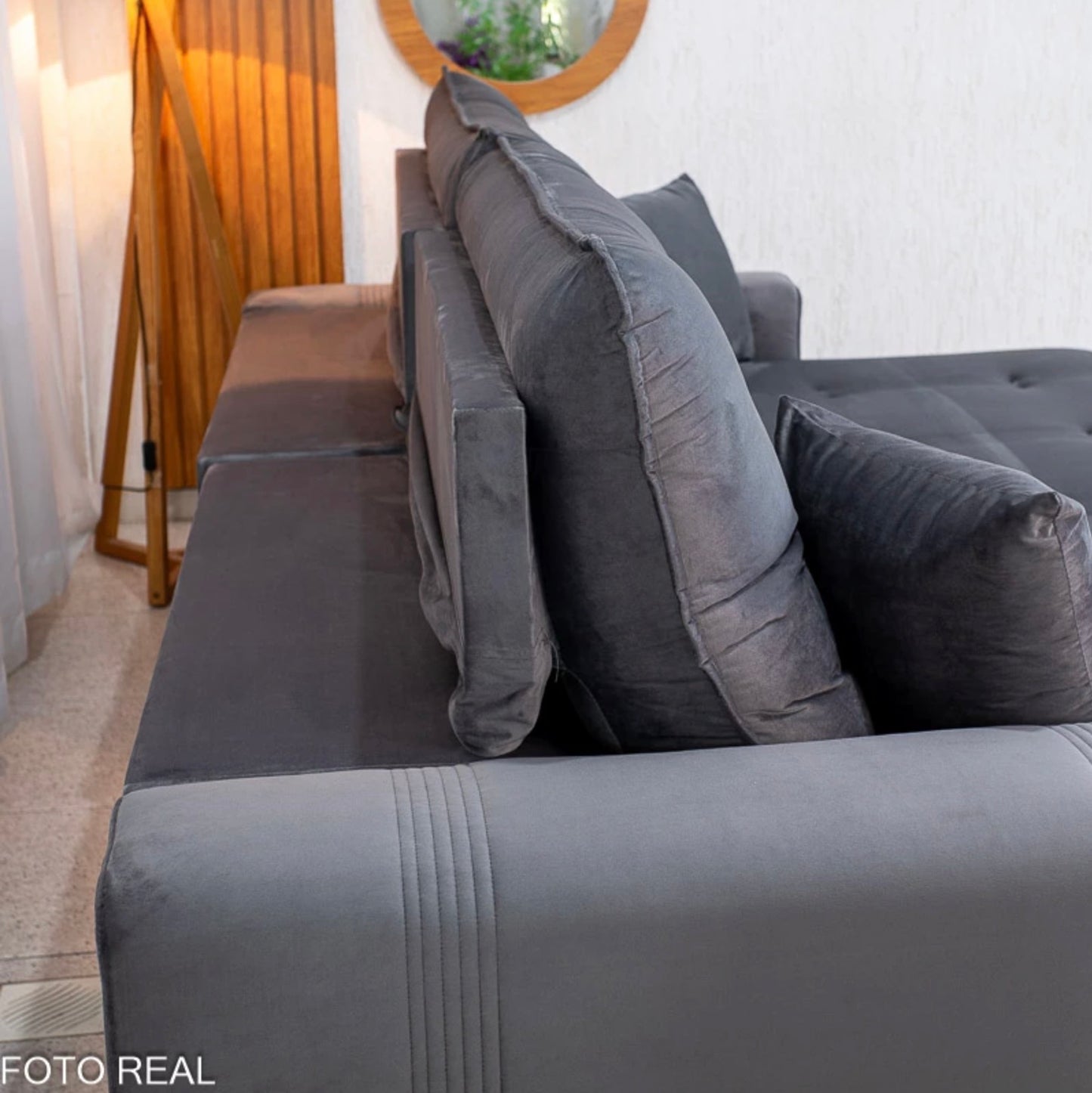 Sofá Retrátil Reclinável Ruah 2.90m Veludo Chumbo 4053 - Molas Ensacadas