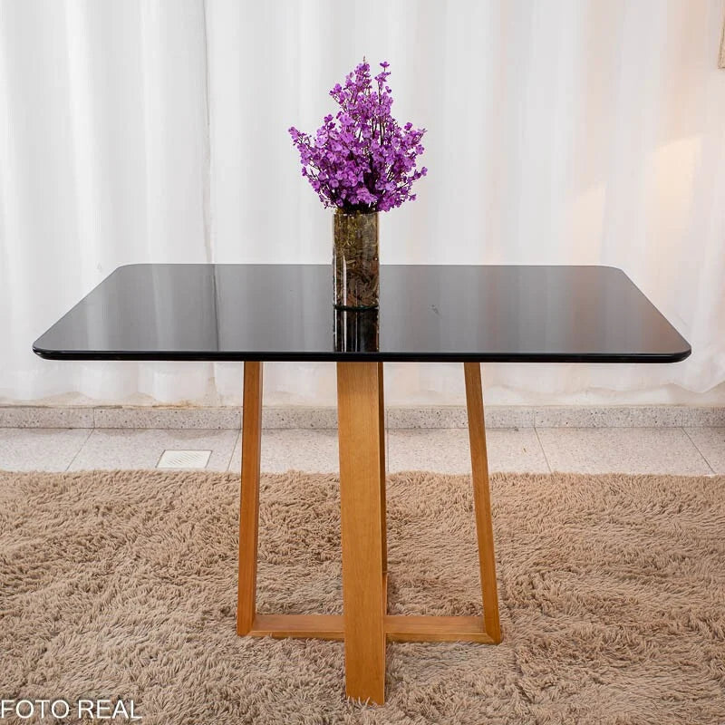 Mesa de Jantar Pedro 120×80 Vidro Preto/Base madeira + 4 Cad. Lisboa Veludo Preto 504 Madeira Art Assento – Entregue Montada