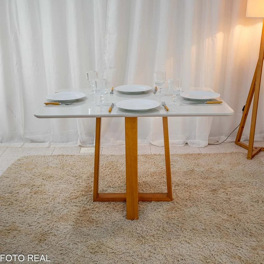 Mesa de Jantar Pedro 120×80 Vidro Off/Base Madeira + 4 Cad. Genova Veludo Prata 514 Madeira Art Assento – Entregue Montada