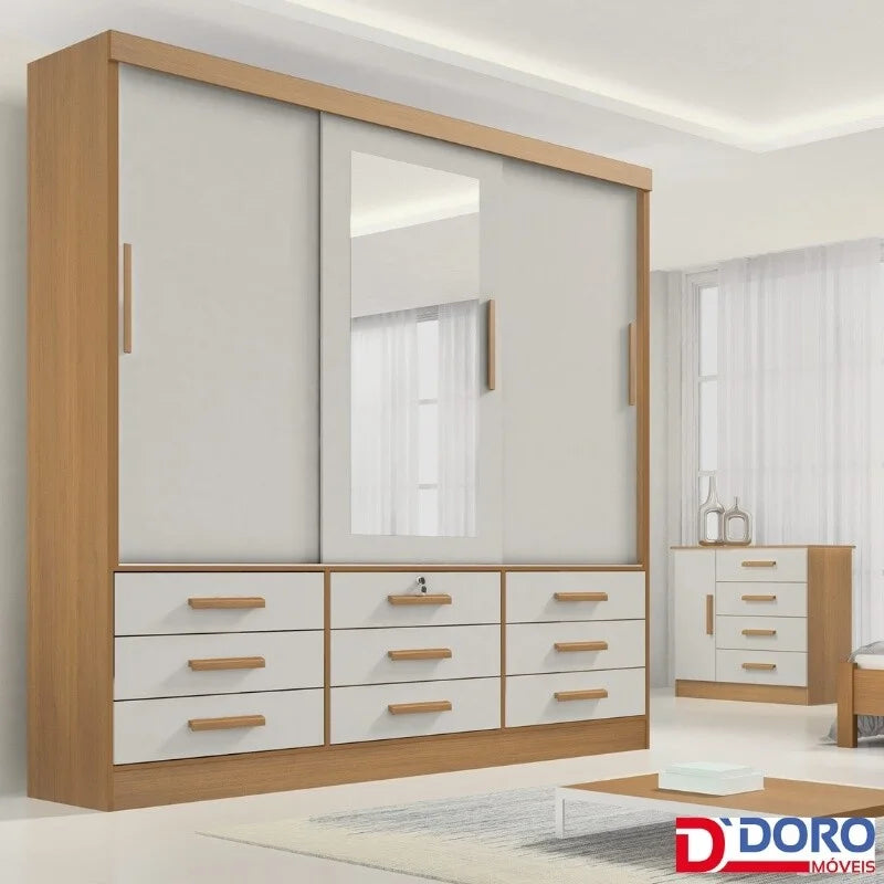Guarda-roupa Casal Meridian Plus Cinamomo/Off 3 Portas 9 Gavetas C/ 1 Espelho Larg. 2.00m – D Doro