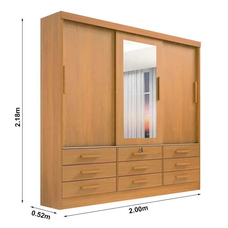 Guarda-roupa Casal Meridian Plus Cinamomo 3 Portas 9 Gavetas C/ 1 Espelho Larg. 2.00m – D Doro