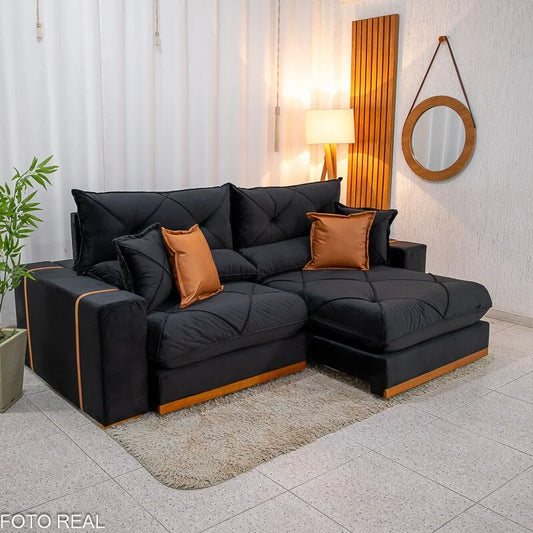 Sofá Retrátil Reclinável Gran Bello 2.30m Veludo Preto 21 – Molas Ensacadas Pocket