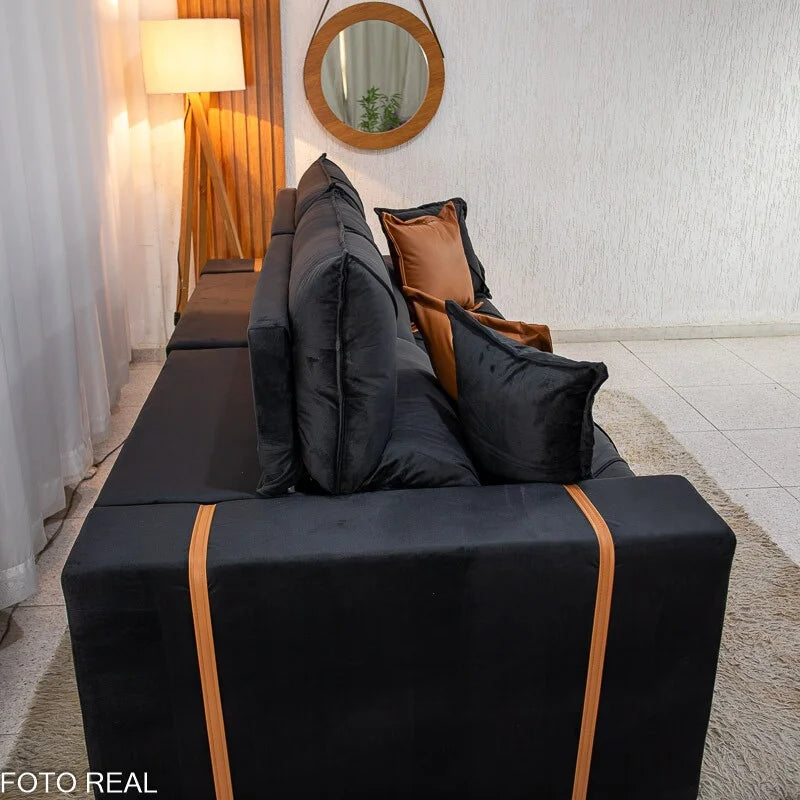 Sofá Retrátil Reclinável Gran Bello 2.30m Veludo Preto 21 – Molas Ensacadas Pocket