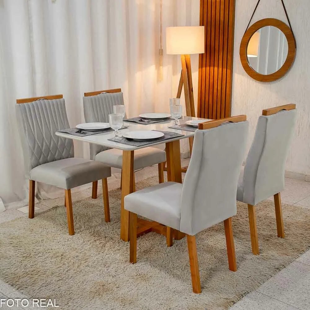 Mesa de Jantar Pedro 120×80 Vidro Off/Base Madeira + 4 Cad. Genova Veludo Prata 514 Madeira Art Assento – Entregue Montada