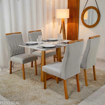 Mesa de Jantar Pedro 120×80 Vidro Off/Base Madeira + 4 Cad. Genova Veludo Prata 514 Madeira Art Assento – Entregue Montada