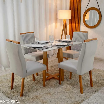Mesa de Jantar Pedro 120×80 Vidro Off/Base Madeira + 4 Cad. Genova Veludo Prata 514 Madeira Art Assento – Entregue Montada