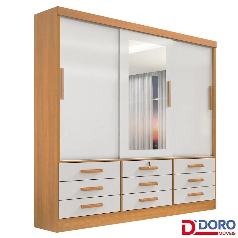 Guarda-roupa Casal Meridian Plus Cinamomo/Off 3 Portas 9 Gavetas C/ 1 Espelho Larg. 2.00m – D Doro