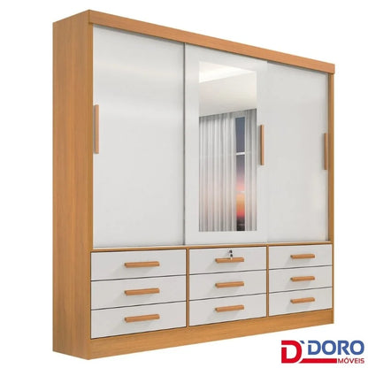 Guarda-roupa Casal Meridian Plus Cinamomo/Off 3 Portas 9 Gavetas C/ 1 Espelho Larg. 2.00m – D Doro