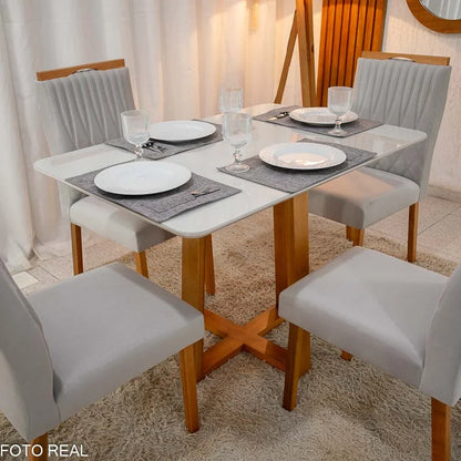 Mesa de Jantar Pedro 120×80 Vidro Off/Base Madeira + 4 Cad. Genova Veludo Prata 514 Madeira Art Assento – Entregue Montada