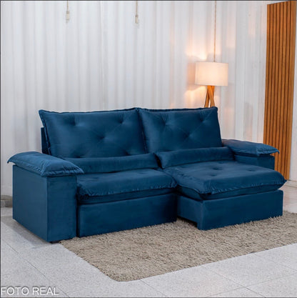 Sofá Retrátil Reclinável Suiça 2.30m Veludo Azul 205/12 - Sem Caixa