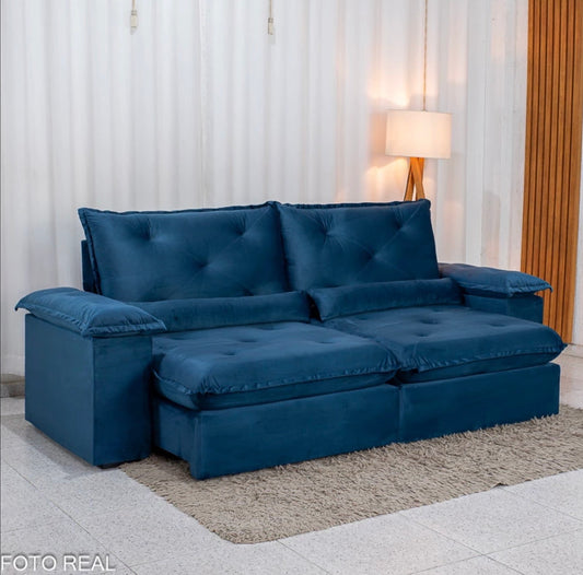 Sofá Retrátil Reclinável Suiça 2.30m Veludo Azul 205/12 - Sem Caixa