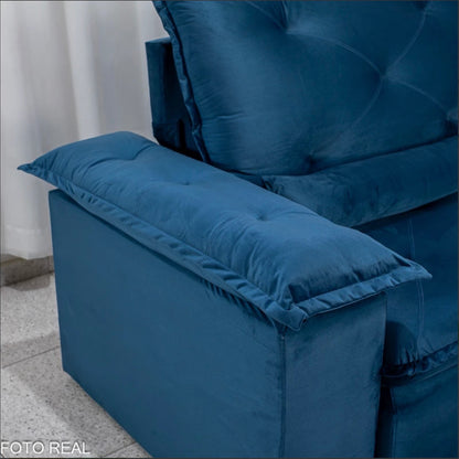 Sofá Retrátil Reclinável Suiça 2.30m Veludo Azul 205/12 - Sem Caixa