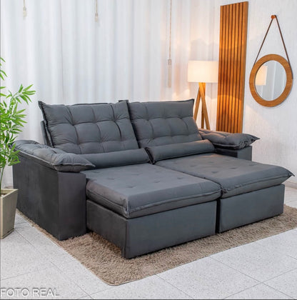 Sofá Retrátil Reclinável Emanuelly 2.30m Veludo Cinza 20