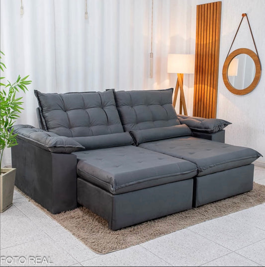 Sofá Retrátil Reclinável Emanuelly 2.30m Veludo Cinza 20
