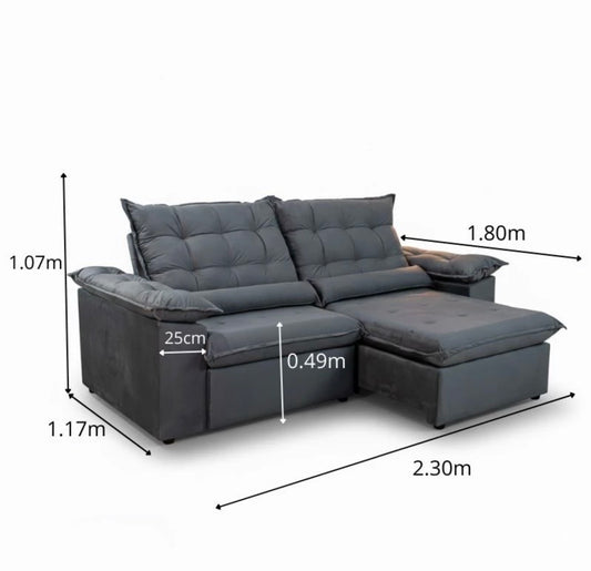 Sofá Retrátil Reclinável Emanuelly 2.30m Veludo Cinza 20