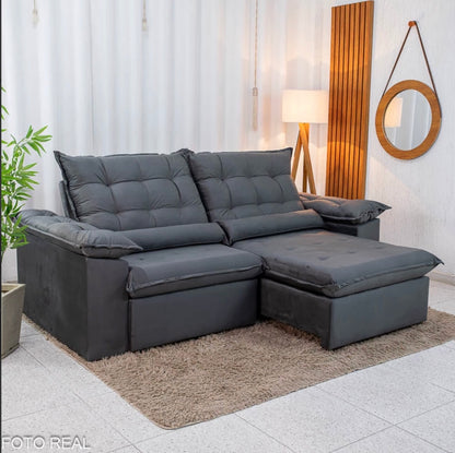 Sofá Retrátil Reclinável Emanuelly 2.30m Veludo Cinza 20