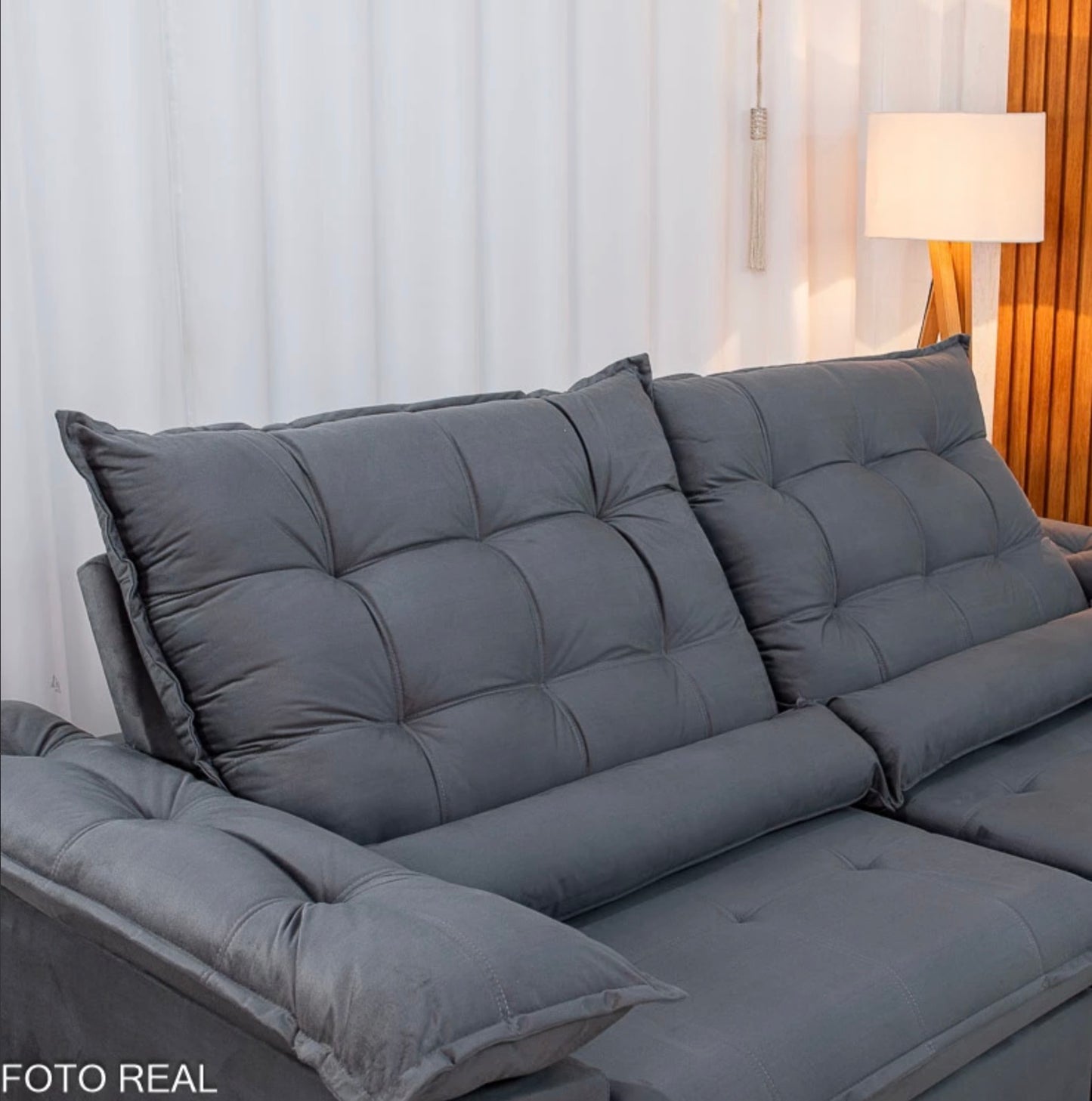 Sofá Retrátil Reclinável Emanuelly 2.30m Veludo Cinza 20