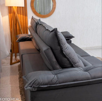 Sofá Retrátil Reclinável Emanuelly 2.30m Veludo Cinza 20
