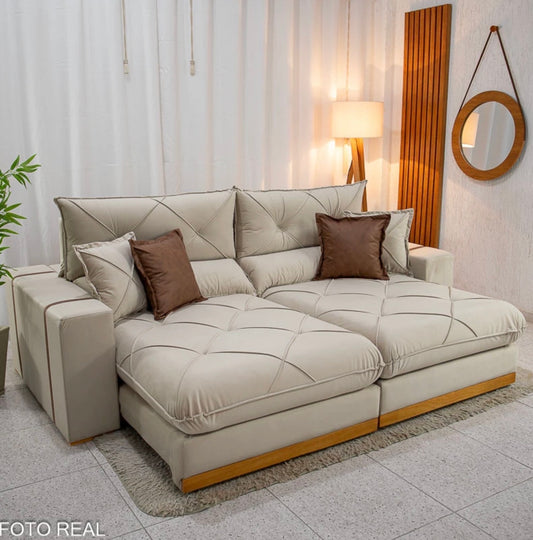 Sofá Retrátil Reclinável Gran Bello 2.30m Veludo Bege - Molas Ensacadas Pocket