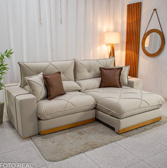 Sofá Retrátil Reclinável Gran Bello 2.30m Veludo Bege - Molas Ensacadas Pocket