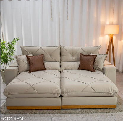 Sofá Retrátil Reclinável Gran Bello 2.30m Veludo Bege - Molas Ensacadas Pocket