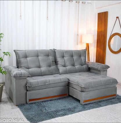 Sofá Retrátil Reclinável Mariana 2.30m Veludo Prata 321 - D33 e Molas Ensacadas