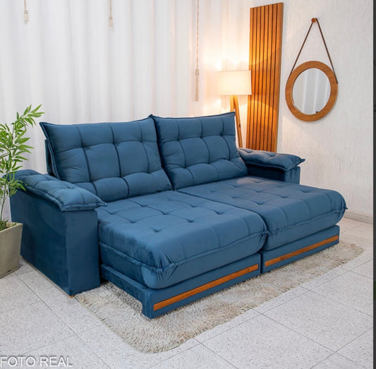 Sofá Retrátil Reclinável Barcelona 2.30m Veludo Azul 325 - D33 e Molas Ensacadas