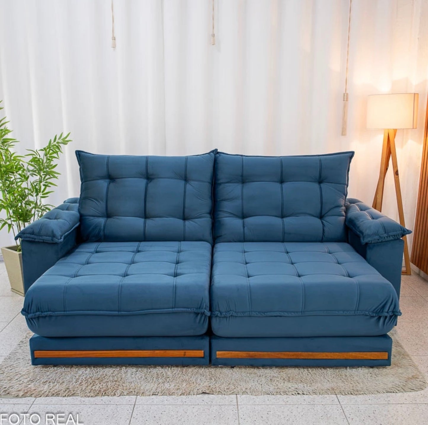 Sofá Retrátil Reclinável Barcelona 2.30m Veludo Azul 325 - D33 e Molas Ensacadas