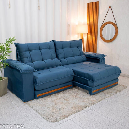 Sofá Retrátil Reclinável Barcelona 2.30m Veludo Azul 325 - D33 e Molas Ensacadas