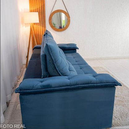 Sofá Retrátil Reclinável Barcelona 2.30m Veludo Azul 325 - D33 e Molas Ensacadas