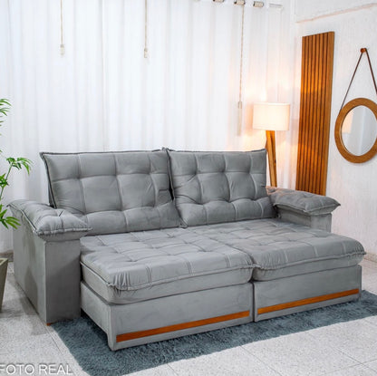 Sofá Retrátil Reclinável Mariana 2.50m Veludo Prata 321 - D33 e Molas Ensacadas