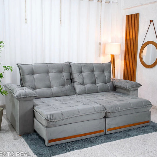 Sofá Retrátil Reclinável Mariana 2.50m Veludo Prata 321 - D33 e Molas Ensacadas