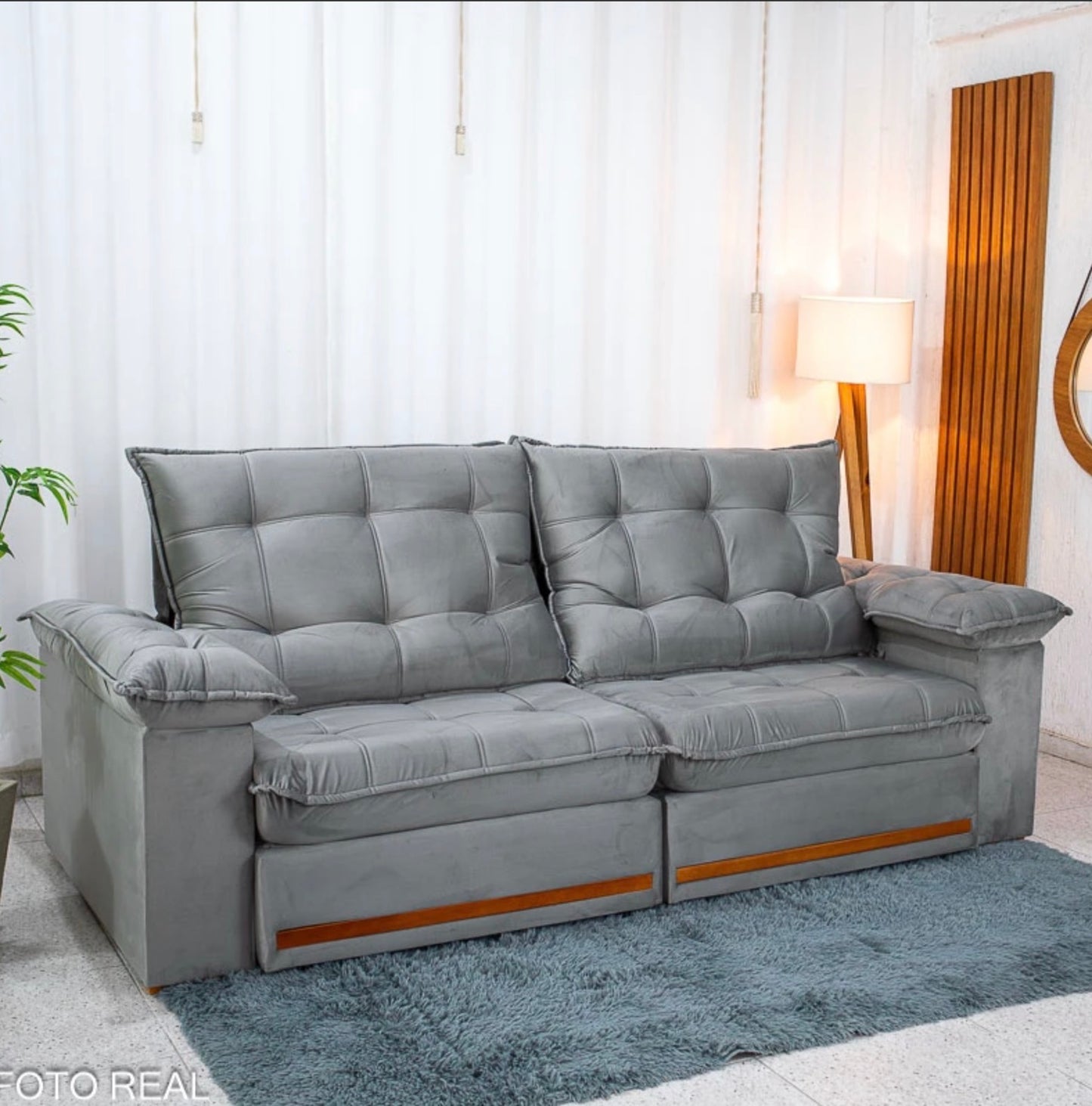 Sofá Retrátil Reclinável Mariana 2.50m Veludo Prata 321 - D33 e Molas Ensacadas