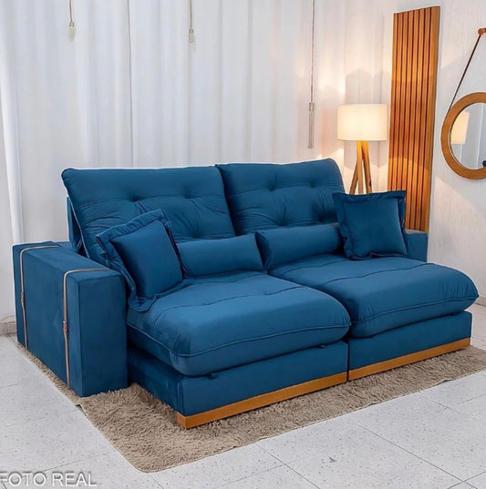 Sofá Retrátil Reclinável Toronto 2.50m Veludo Azul 4061 - D33 e Molas Ensacadas
