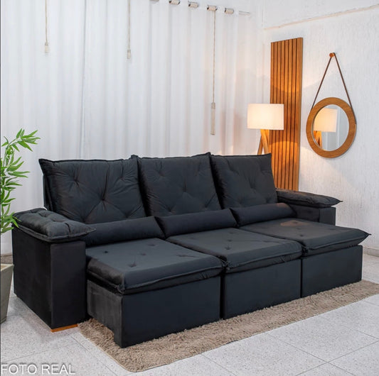 Sofá Retrátil Reclinável City 2.70m Veludo Preto - Sem Caixa