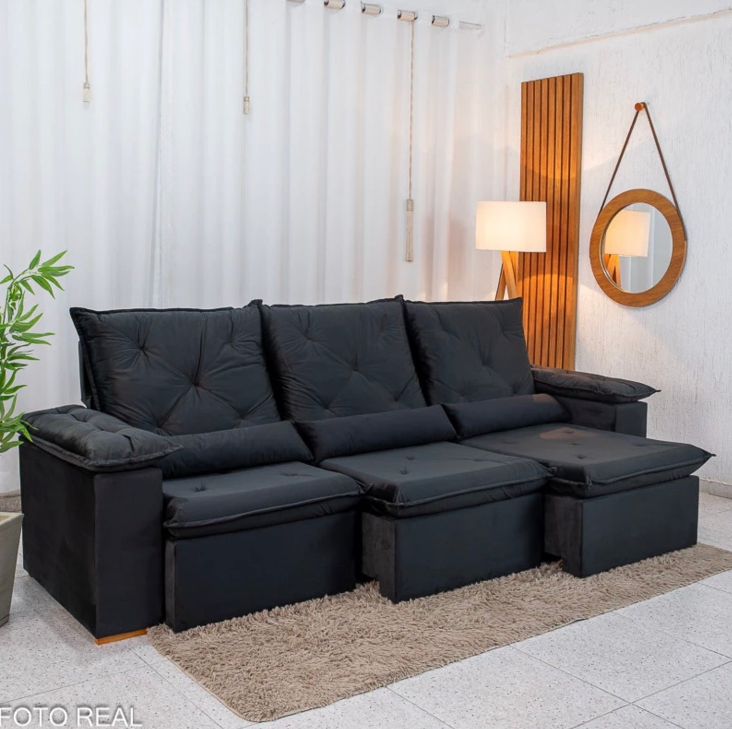 Sofá Retrátil Reclinável City 2.70m Veludo Preto - Sem Caixa