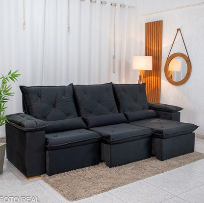 Sofá Retrátil Reclinável City 2.70m Veludo Preto - Sem Caixa