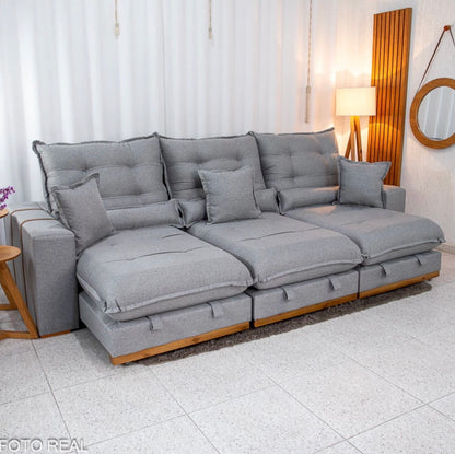Sofá Retrátil Reclinável Mônaco 3.20m Linho Cinza A59 - Molas Ensacadas