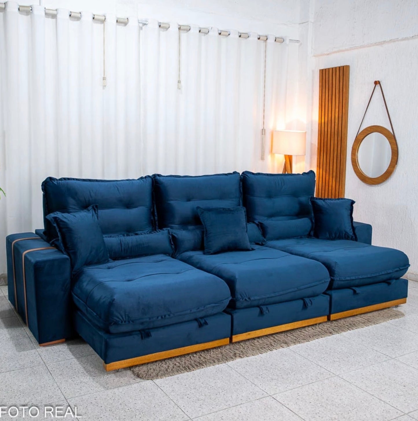 Sofá Retrátil Reclinável Mônaco 3.20m Veludo Azul A16 - Molas Ensacadas
