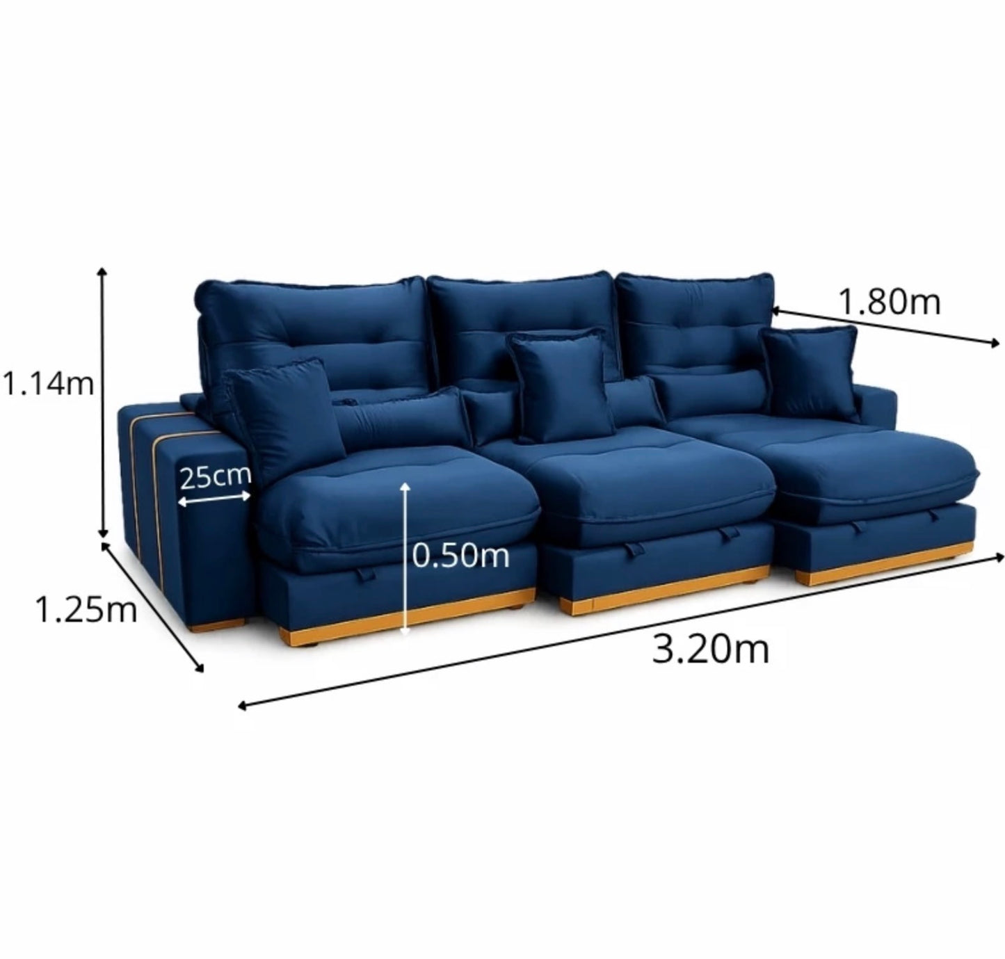 Sofá Retrátil Reclinável Mônaco 3.20m Veludo Azul A16 - Molas Ensacadas