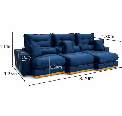 Sofá Retrátil Reclinável Mônaco 3.20m Veludo Azul A16 - Molas Ensacadas