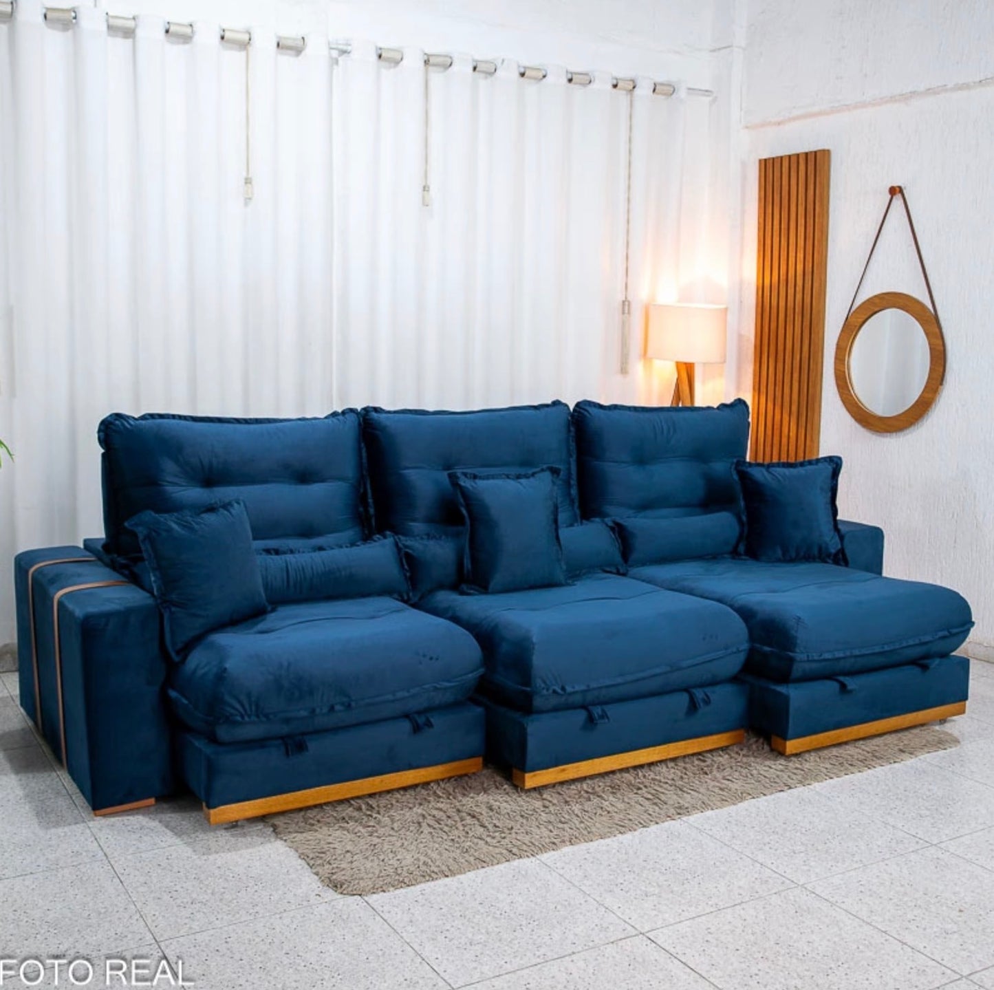 Sofá Retrátil Reclinável Mônaco 3.20m Veludo Azul A16 - Molas Ensacadas