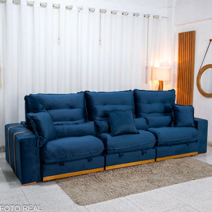 Sofá Retrátil Reclinável Mônaco 3.20m Veludo Azul A16 - Molas Ensacadas