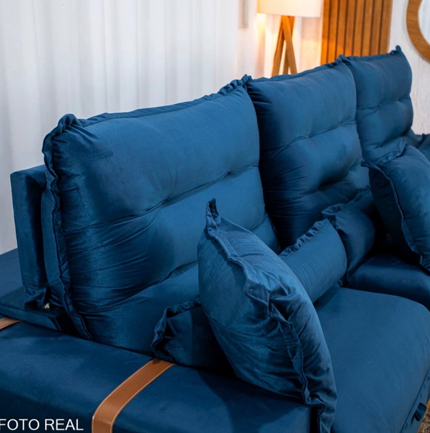 Sofá Retrátil Reclinável Mônaco 3.20m Veludo Azul A16 - Molas Ensacadas