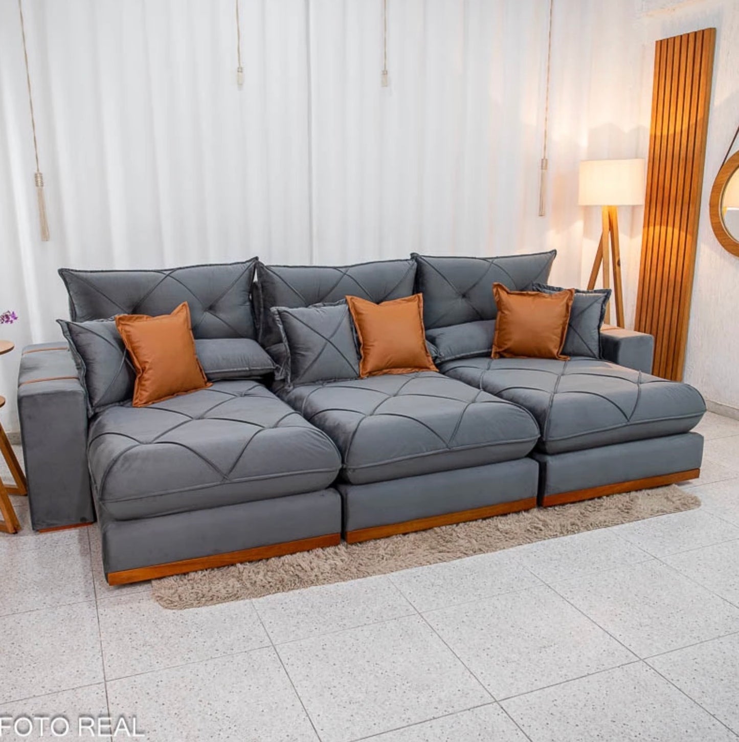 Sofá Retrátil Reclinável Gran Bello 3.20m Veludo Cinza - Molas Ensacadas
