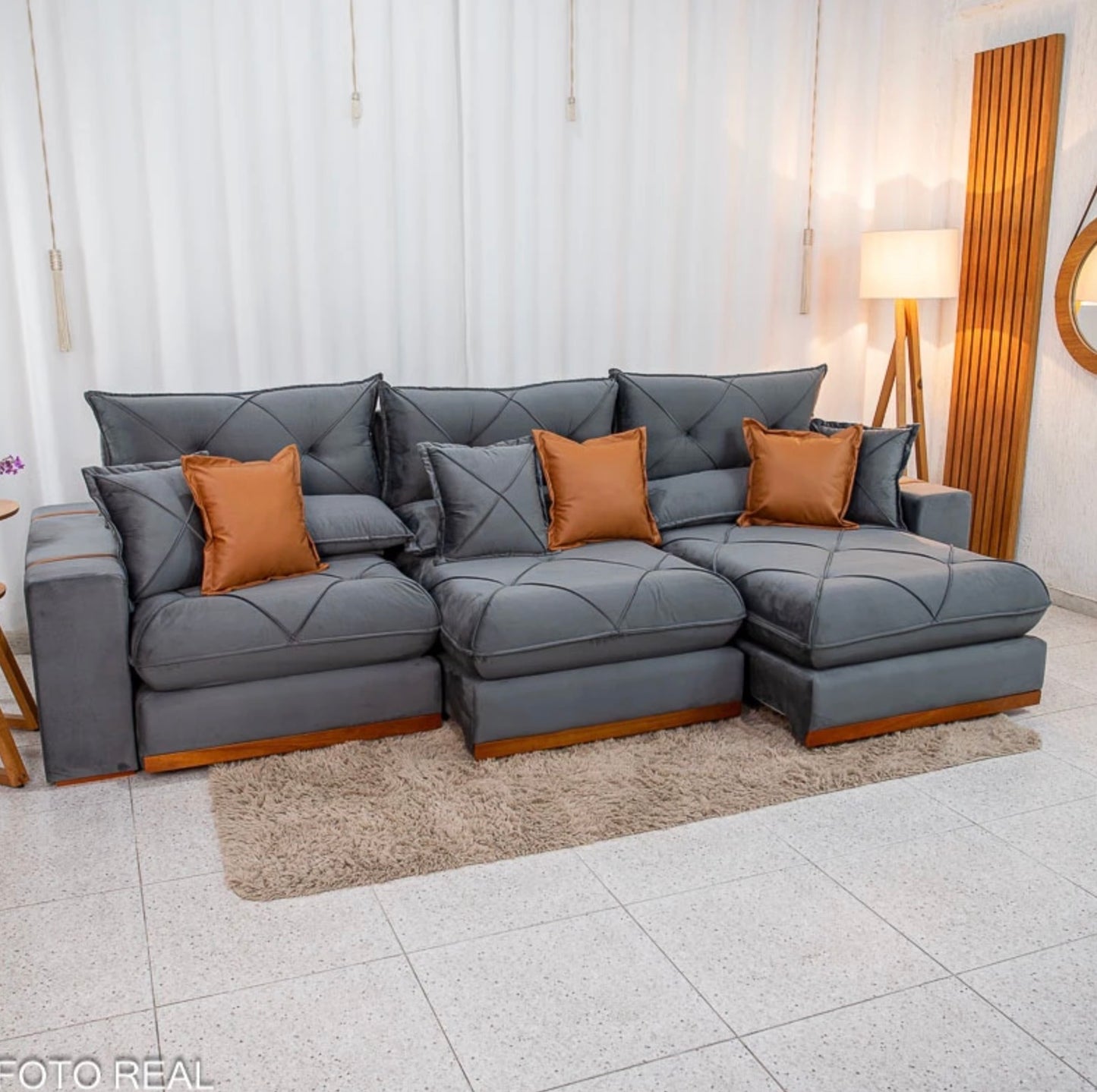 Sofá Retrátil Reclinável Gran Bello 3.20m Veludo Cinza - Molas Ensacadas