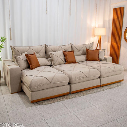 Sofá Retrátil Reclinável Gran Bello 3.20m Linho Bege - Molas Ensacadas