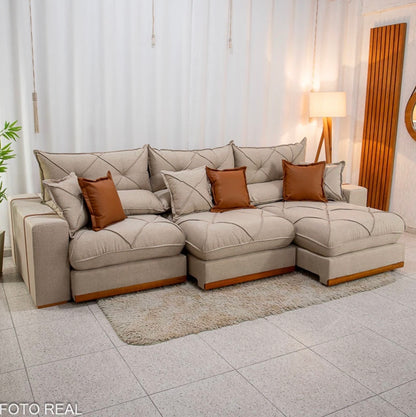 Sofá Retrátil Reclinável Gran Bello 3.20m Linho Bege - Molas Ensacadas