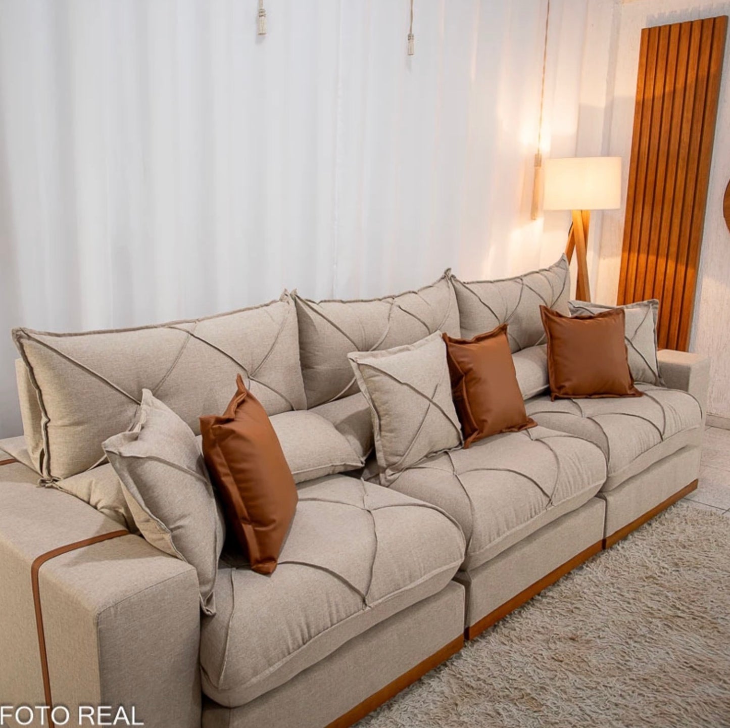 Sofá Retrátil Reclinável Gran Bello 3.20m Linho Bege - Molas Ensacadas