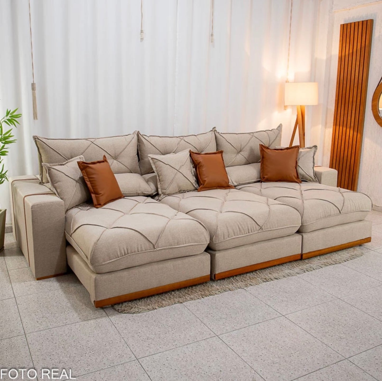 Sofá Retrátil Reclinável Gran Bello 3.20m Linho Bege - Molas Ensacadas